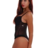 Sheer black lace bodysuit with molded cups and hook-and-eye closure, lingerie and a layering piece.
