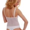 Sheer white lace bodysuit with unpadded soft cups and a hook-and-eye closure, lingerie and a layering piece.