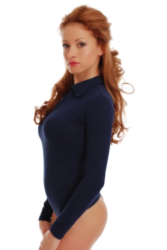 Shirt-style cotton bodysuit by Tiara Galiano with V-neckline, smart under a blazer or with denim.