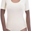 Short-sleeve cotton bodysuit with hook-and-eye closure and brazilian cut, smooth under a cardigan or jeans.