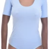 Short-sleeve cotton bodysuit with hook-and-eye closure and brazilian cut, smooth under a cardigan or jeans.