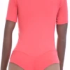 Short-sleeve cotton bodysuit with hook-and-eye closure and brazilian cut, smooth under a cardigan or jeans.