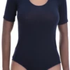 Short-sleeve cotton bodysuit with hook-and-eye closure and brazilian cut, smooth under a cardigan or jeans.