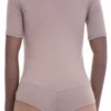 Short-sleeve cotton bodysuit with hook-and-eye closure and brazilian cut, smooth under a cardigan or jeans.