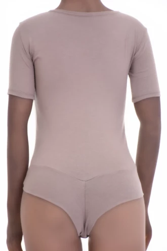 Short-sleeve cotton bodysuit with hook-and-eye closure and brazilian cut, smooth under a cardigan or jeans.