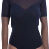 Short-sleeve cotton bodysuit by Tiara Galiano with polo-style shape, tidy on its own or layered.