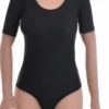 Short-sleeve microfiber bodysuit with hook-and-eye closure and brazilian cut, smooth under fitted clothing.