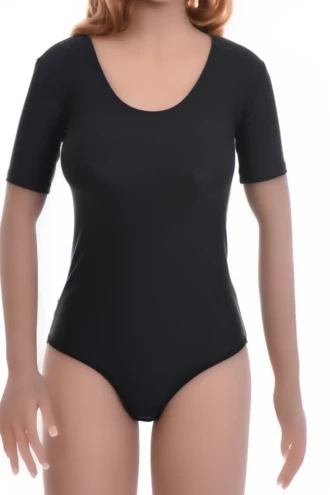 Short-sleeve microfiber bodysuit with hook-and-eye closure and brazilian cut, smooth under fitted clothing.