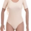 Short-sleeve microfiber bodysuit with hook-and-eye closure and brazilian cut, smooth under fitted clothing.