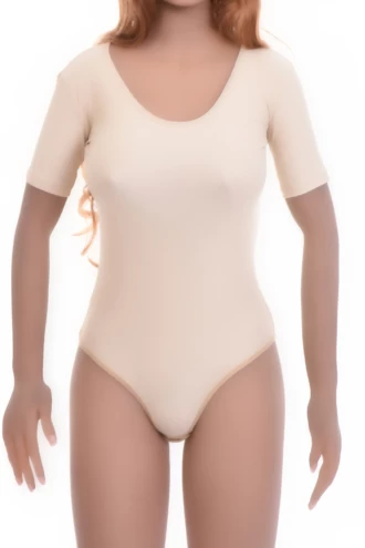 Short-sleeve microfiber bodysuit with hook-and-eye closure and brazilian cut, smooth under fitted clothing.
