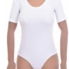 Short-sleeve microfiber bodysuit with hook-and-eye closure and brazilian cut, smooth under fitted clothing.
