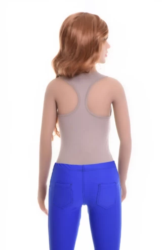 Sleeveless racerback cotton tank bodysuit with scoop neck, smooth under a shirt or worn with jeans.