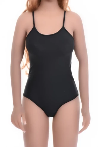 Smooth microfiber tank bodysuit with spaghetti straps and thong back, invisible under jeans or a skirt.