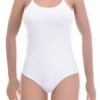 Smooth microfiber tank bodysuit with spaghetti straps and thong back, invisible under jeans or a skirt.
