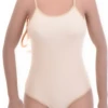 Smooth microfiber tank bodysuit with spaghetti straps and thong back, invisible under jeans or a skirt.