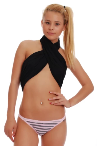 Striped cotton bikini briefs by Tiara Galiano in even pink and gray stripes with slim sides.