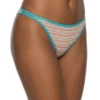 Striped mesh bikini briefs by Tiara Galiano in sheer multicolor stripes with turquoise contrast trim.