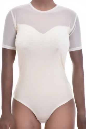 Textured cotton-and-mesh bodysuit with short sleeves and thong back, a base under an open shirt or alone.