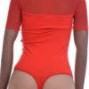 Textured cotton-and-mesh bodysuit with short sleeves and thong back, a warm-weather layer with detail.