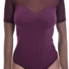 Textured cotton-and-mesh bodysuit with short sleeves and thong back, a warm-weather layer with detail.