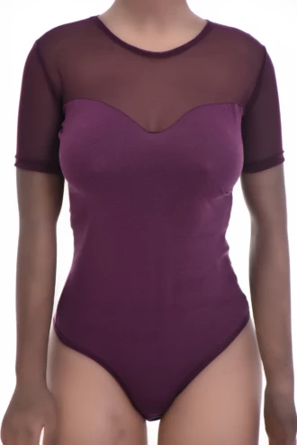 Textured cotton-and-mesh bodysuit with short sleeves and thong back, a warm-weather layer with detail.