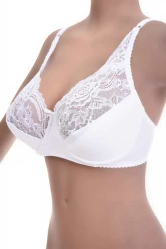 Unpadded lace bra with soft cups and a small center bow, the floral lace giving the front its detail.