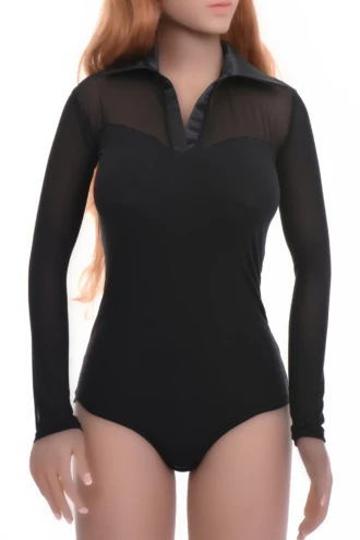 V-neck black cotton-and-mesh bodysuit by Tiara Galiano with brazilian cut, a smooth refined everyday layer.
