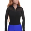 V-neck black bodysuit by Tiara Galiano with cotton and mesh, long sleeves and brazilian cut, worn on its own.