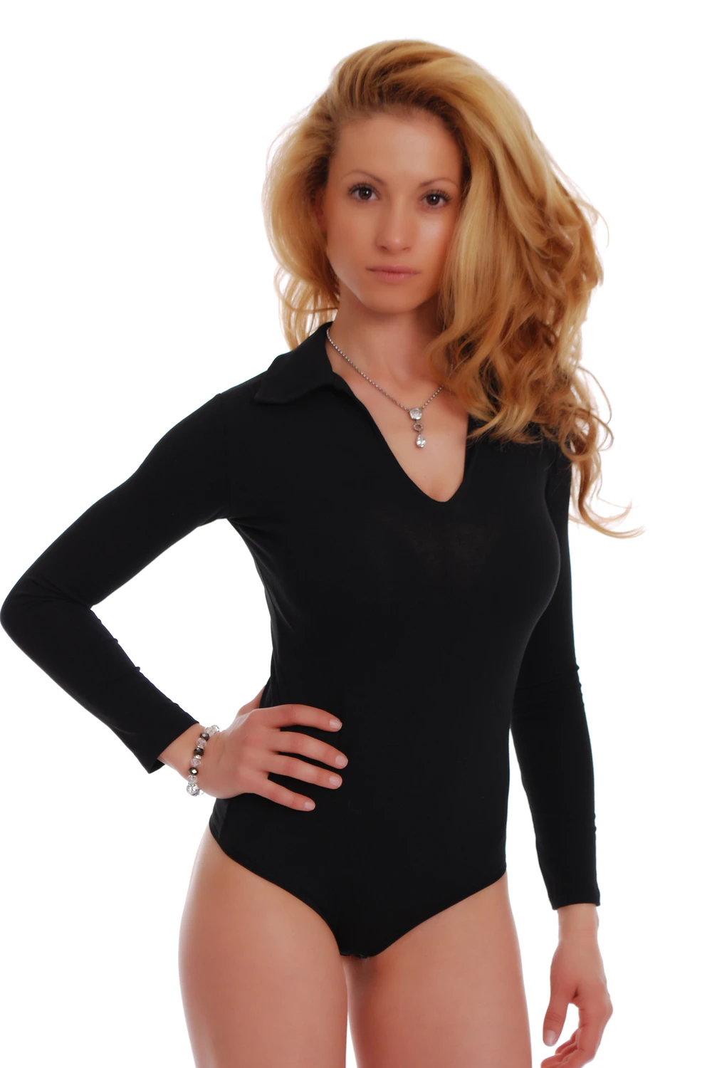 V-neck long-sleeve cotton-blend bodysuit with thong bottom, a smart polished layer for women.