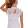 Women's white cotton bodysuit with lace trim, a mock neckline, sleeveless cut and bikini coverage.