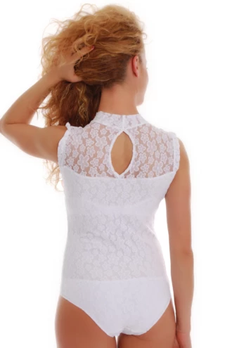 Women's white cotton bodysuit with lace trim, a mock neckline, sleeveless cut and bikini coverage.
