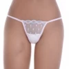 White dotted-mesh lace G-string with scalloped edges and a thin string back, low-rise minimal coverage.
