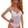 Women's white lace bodysuit over sheer mesh with molded cups, spaghetti straps and a thong cut.
