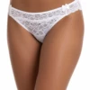 White all-lace Brazilian panties with floral lace front and back, scalloped edges and a satin bow.