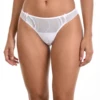 White mesh Brazilian panties with lace at the front and a satin bow, moderate coverage and open sides.
