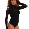 Women's long-sleeve cotton bodysuit with lace trim at the neck and cuffs, a mock neck and thong cut.