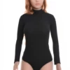 Women's cotton bodysuit with a mock neckline and long sleeves in a close polo-style fit for cooler days.