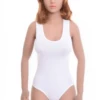 Sleeveless women's cotton-blend bodysuit with a scoop neckline and clean racerback on wide straps.