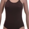 Women's sleeveless cotton bodysuit with a scoop neckline on fine spaghetti straps over a brazilian cut.