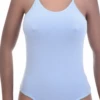 Women's sleeveless cotton bodysuit with scoop neck and spaghetti straps over a brazilian cut, slim base.