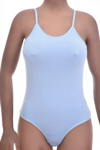 Women's sleeveless cotton bodysuit with scoop neck and spaghetti straps over a brazilian cut, slim base.