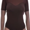 Women's cotton bodysuit with round neck, short sleeves and mesh detail over a thong cut, a warm-weather layer.