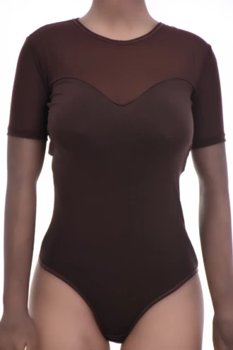 Women's cotton bodysuit with round neck, short sleeves and mesh detail over a thong cut, a warm-weather layer.