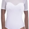 Women's cotton bodysuit with a round neckline, short sleeves and sheer mesh detailing over a thong cut.