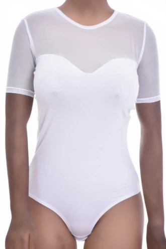 Women's cotton bodysuit with a round neckline, short sleeves and sheer mesh detailing over a thong cut.