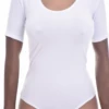 Women's cotton T-shirt bodysuit with a scoop neckline, short sleeves and a brazilian cut for a clean line.