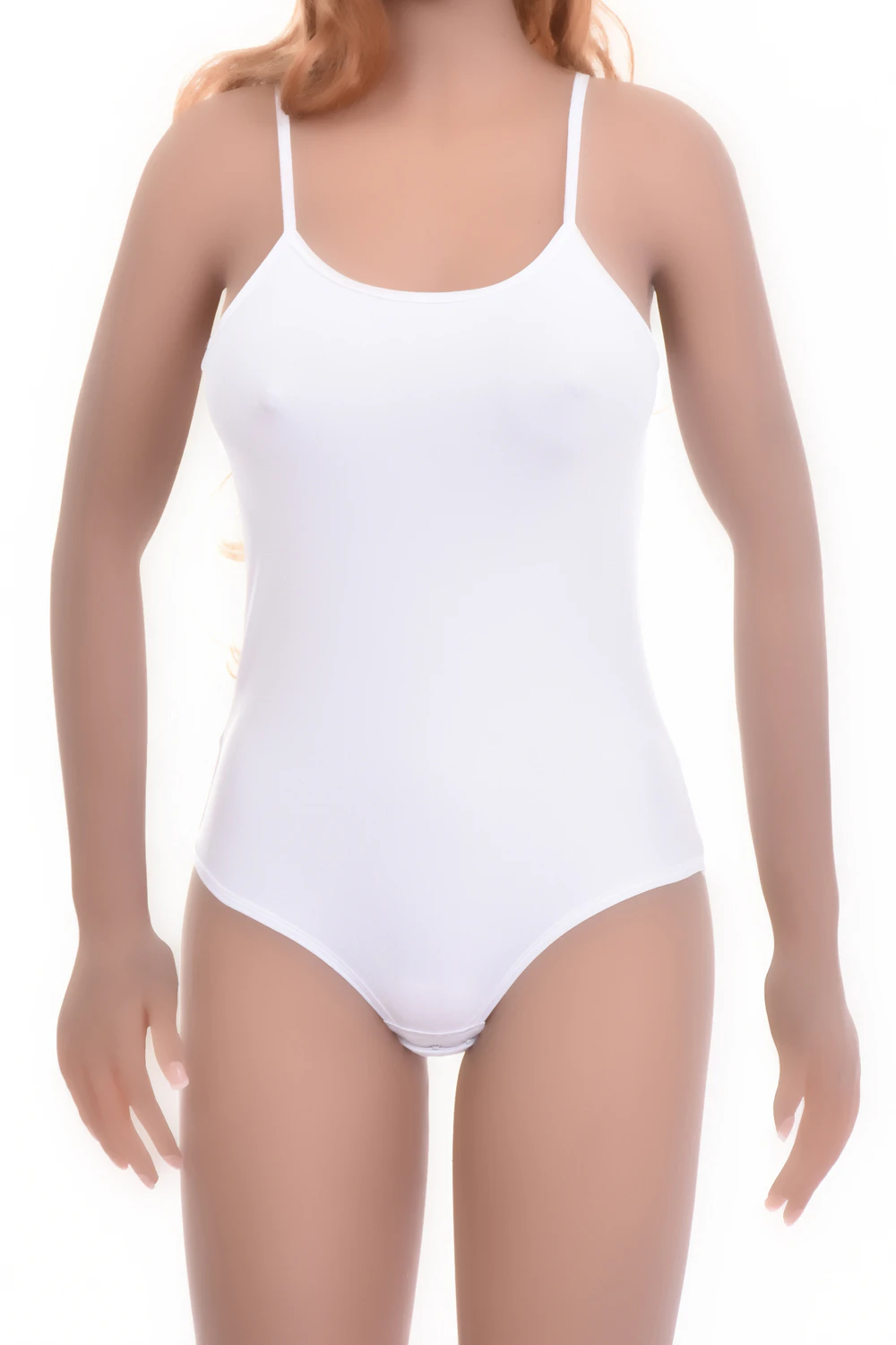 Women's microfiber bodysuit with scoop neck and spaghetti straps over a brazilian cut, a smooth base.