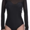 Women's microfiber bodysuit with a sheer mesh yoke, long mesh sleeves, round neck and thong cut.