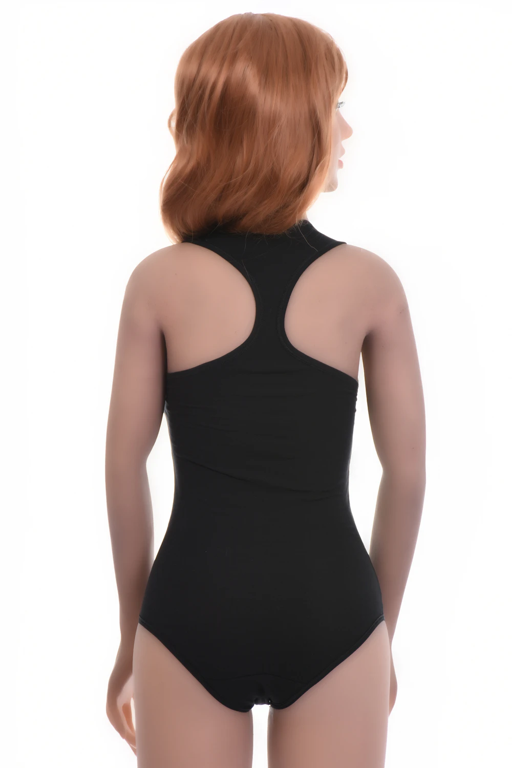 Women's cotton racerback bodysuit with scoop neckline that keeps the shoulders clear for a sporty look.