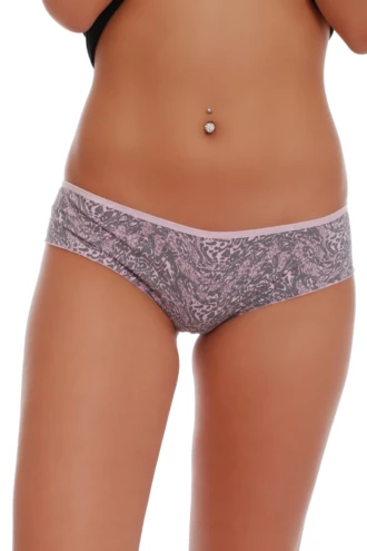 Abstract pink-gray print cotton boyshorts with full back coverage, the all-over pattern keeping a clean line under clothes.